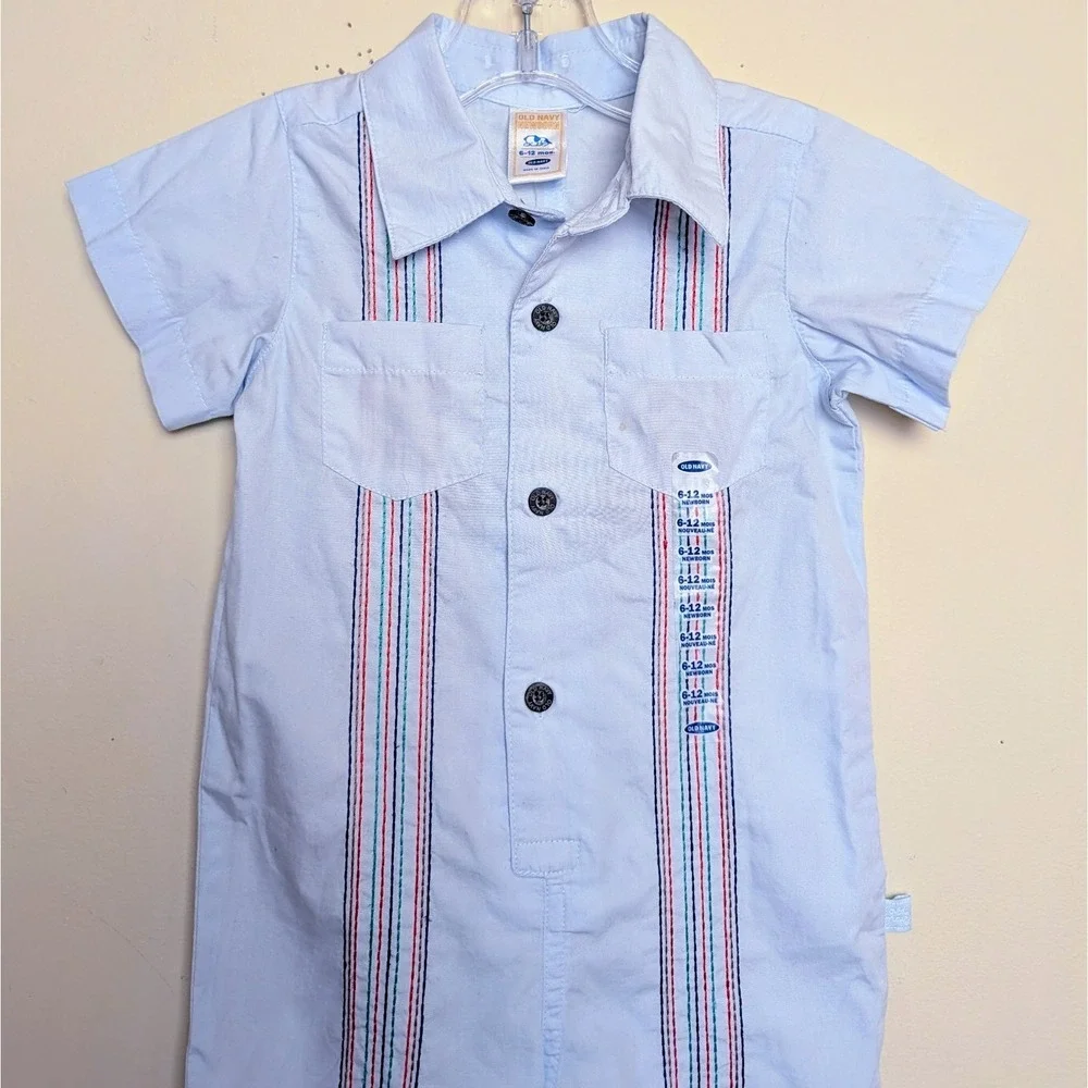 Vintage OLD NAVY Guayabera Stitched Cuban One-Piece Shorty Romper 6-12Months NWT